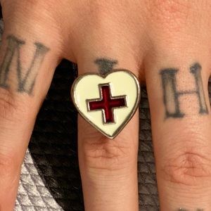 White Heart Red Cross Adjustable Ring